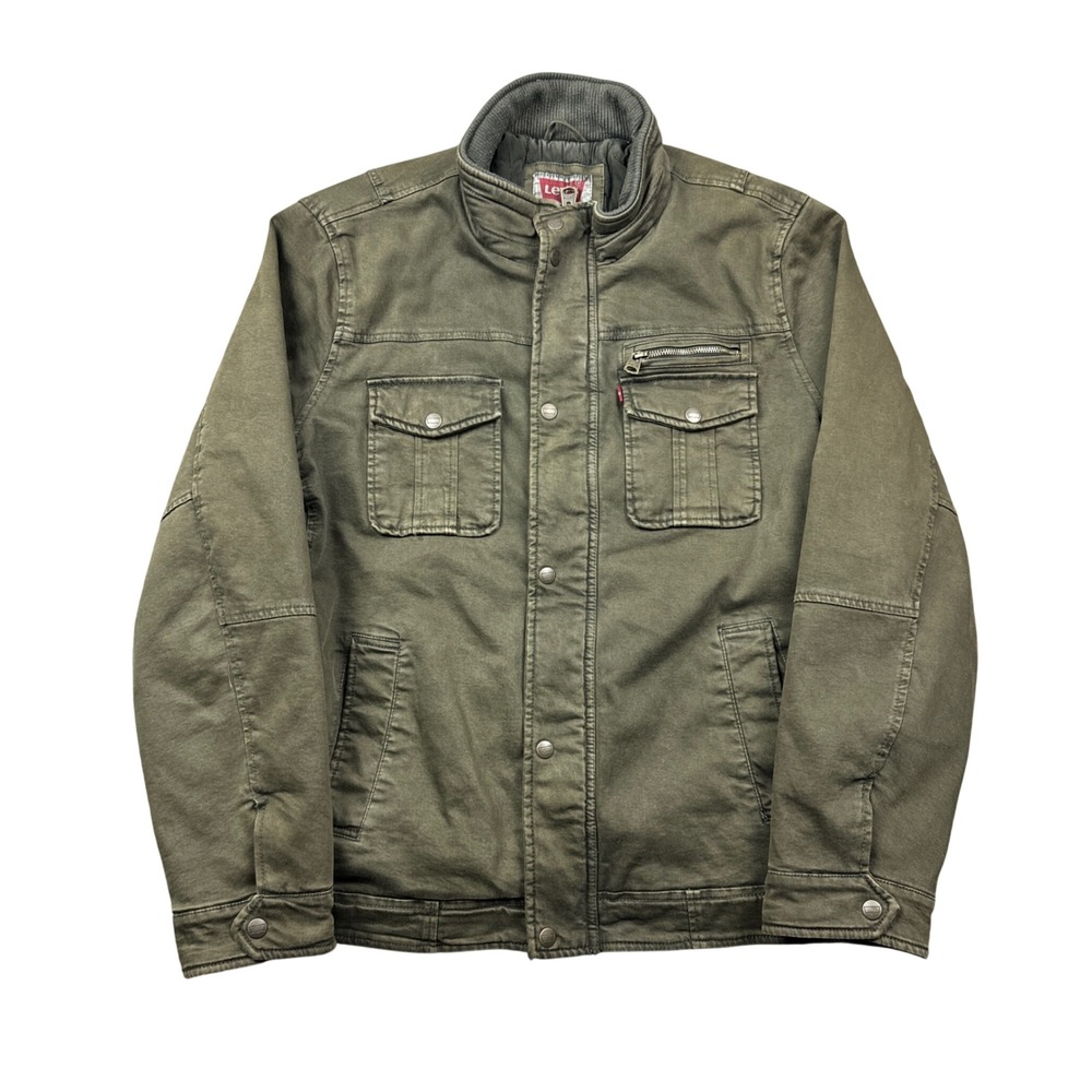 Levis Mens Large Military Field Jacket Olive Green Quilted Lined Utility Coat
